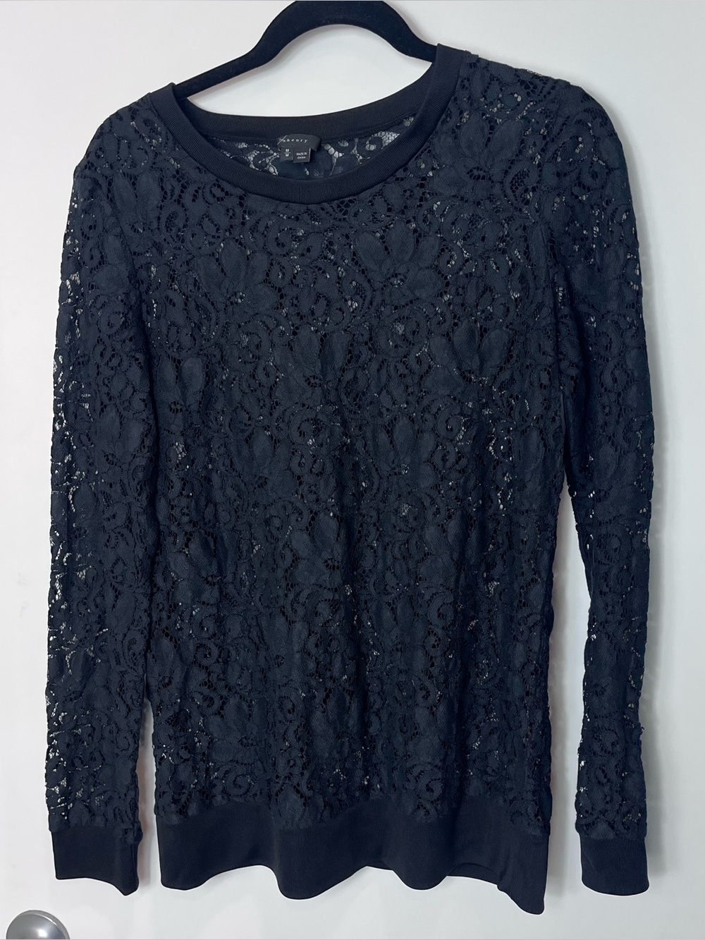 Theory Jaidyn Sheer Floral Lace Crew Neck Top Black Long Sleeve Medium Goth